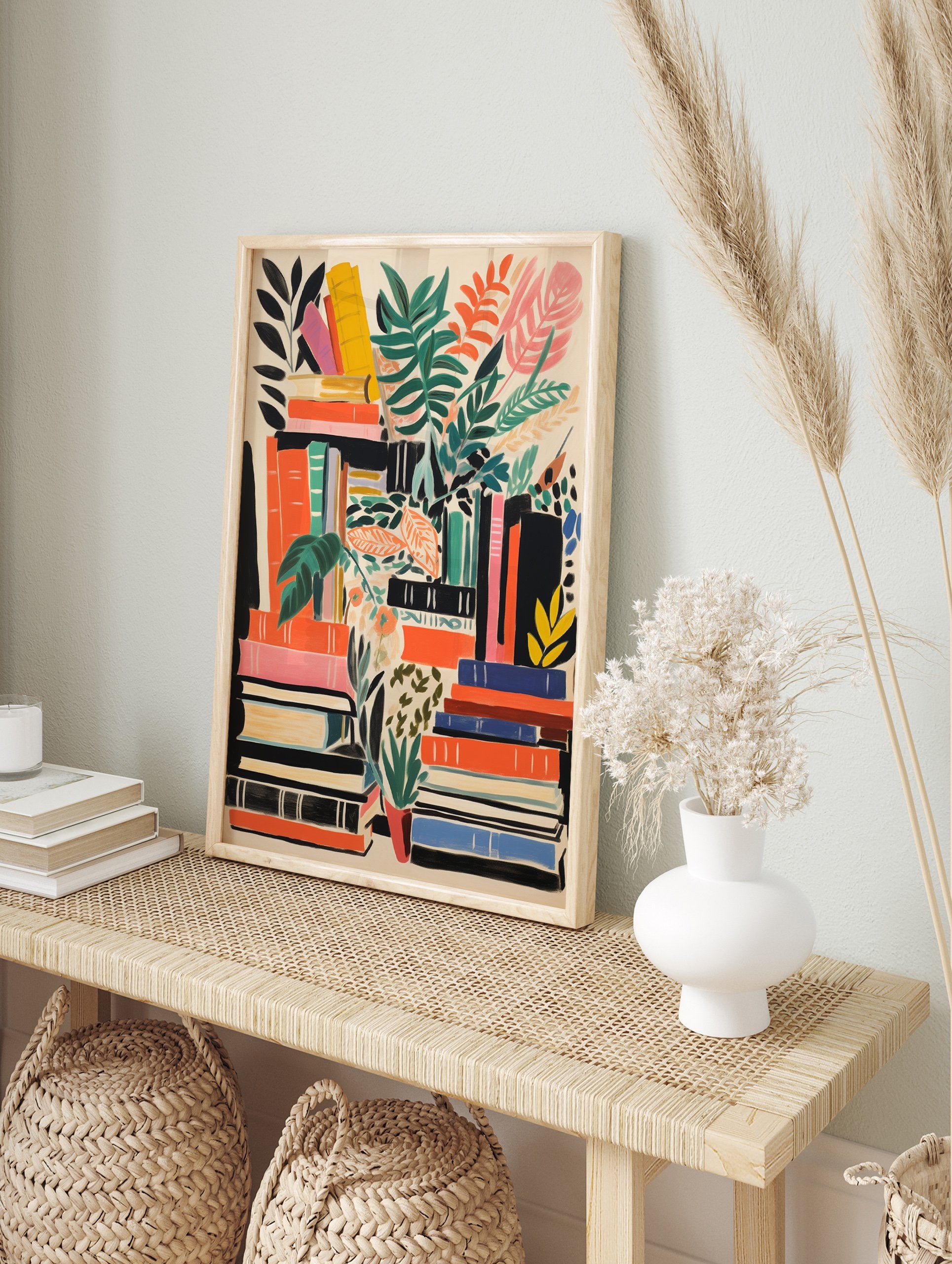 Illustrated poster showing stacks of books in orange, green, black, yellow, pink with various green and orange plants. - Image 4