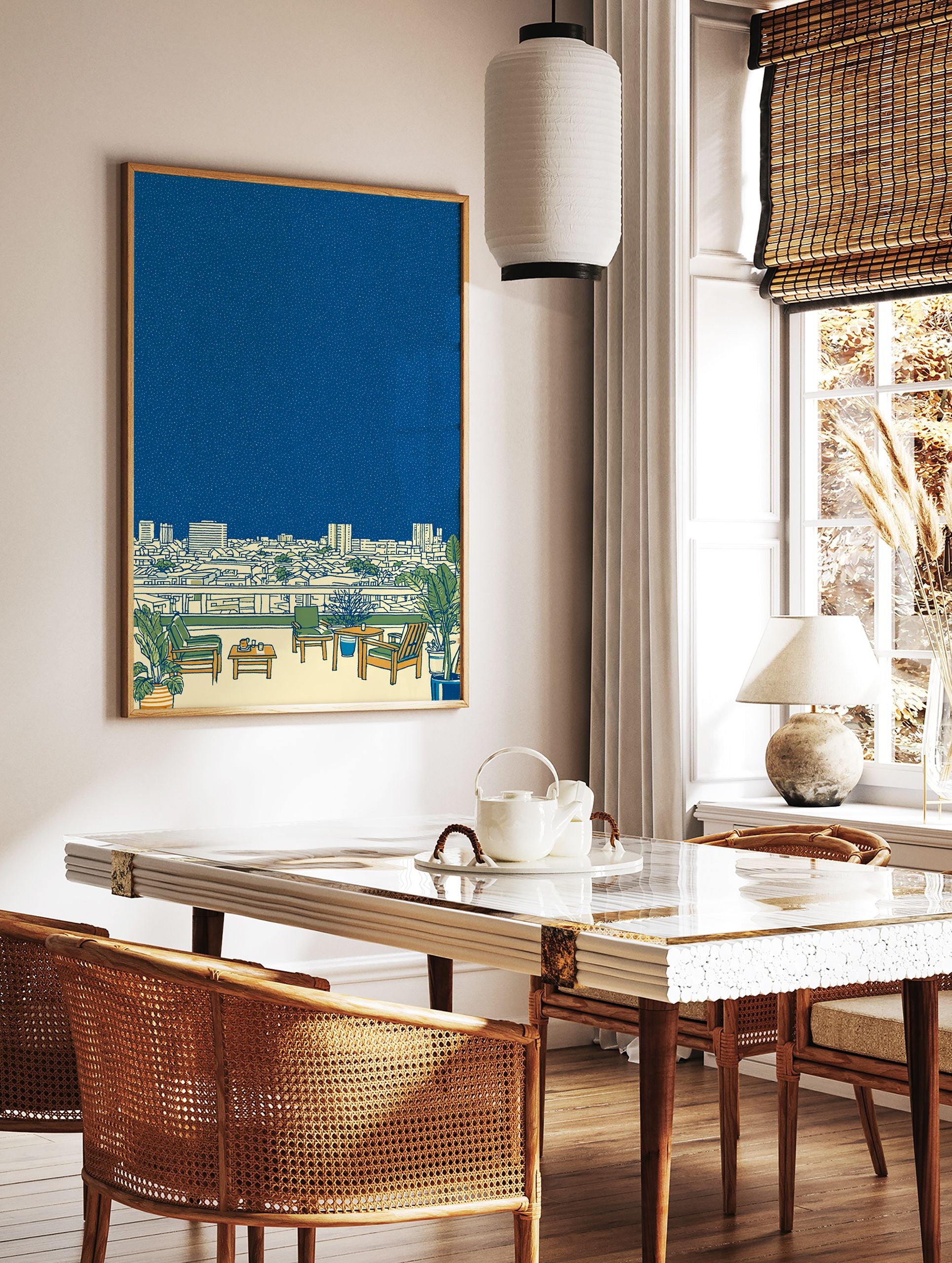Illustrated Rooftop Cityscape Wall Art showing a balcony with plants overlooking an urban skyline under a starry blue night sky. - Image 2