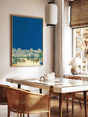 Illustrated Rooftop Cityscape Wall Art showing a balcony with plants overlooking an urban skyline under a starry blue night sky. - Image 2