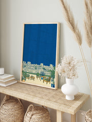 Illustrated Rooftop Cityscape Wall Art showing a balcony with plants overlooking an urban skyline under a starry blue night sky. - Image 3