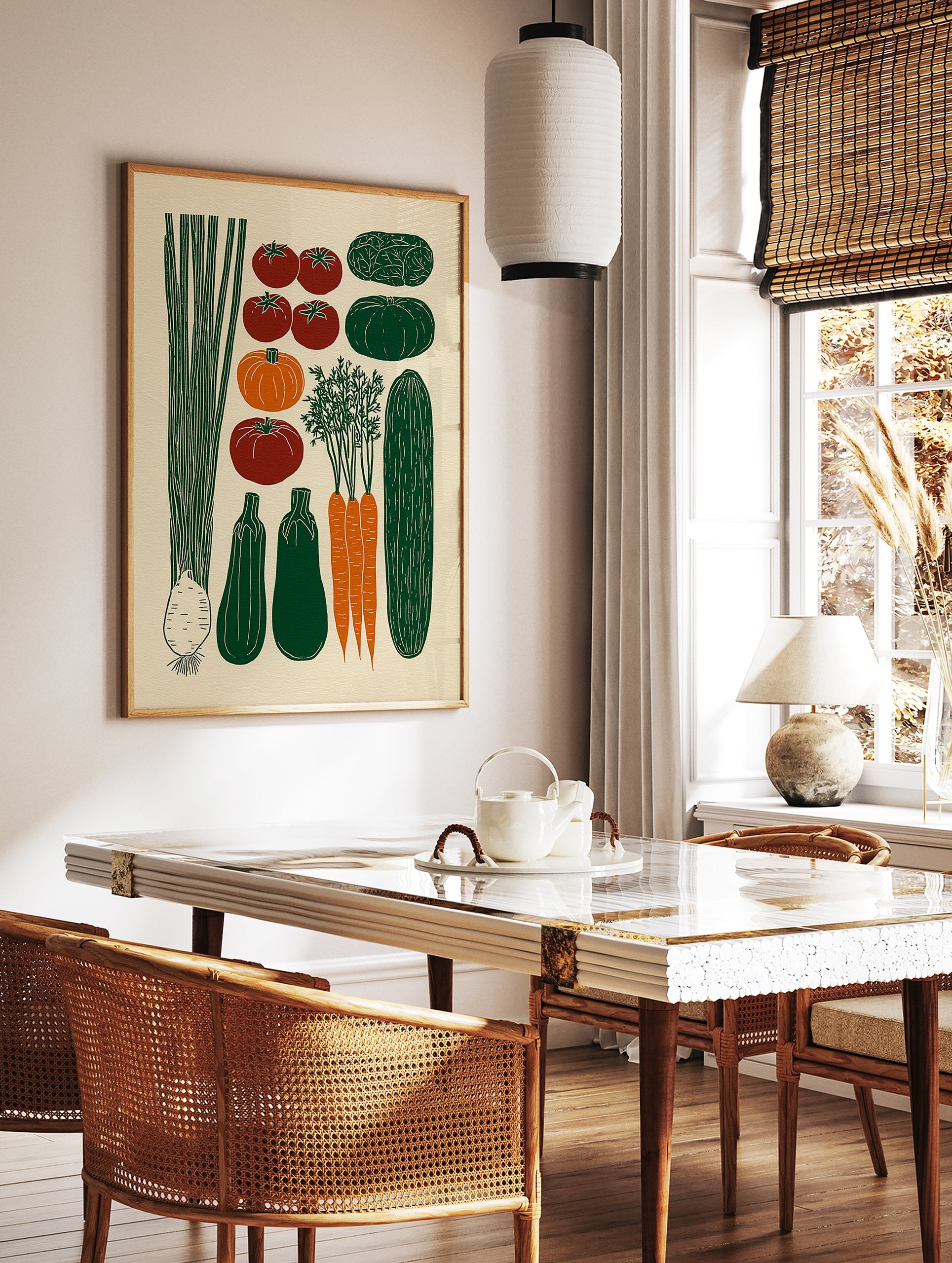 Illustrated vegetable poster featuring green leeks, tomatoes, pumpkins, squashes, carrots, cucumber, and cabbage. - Image 2