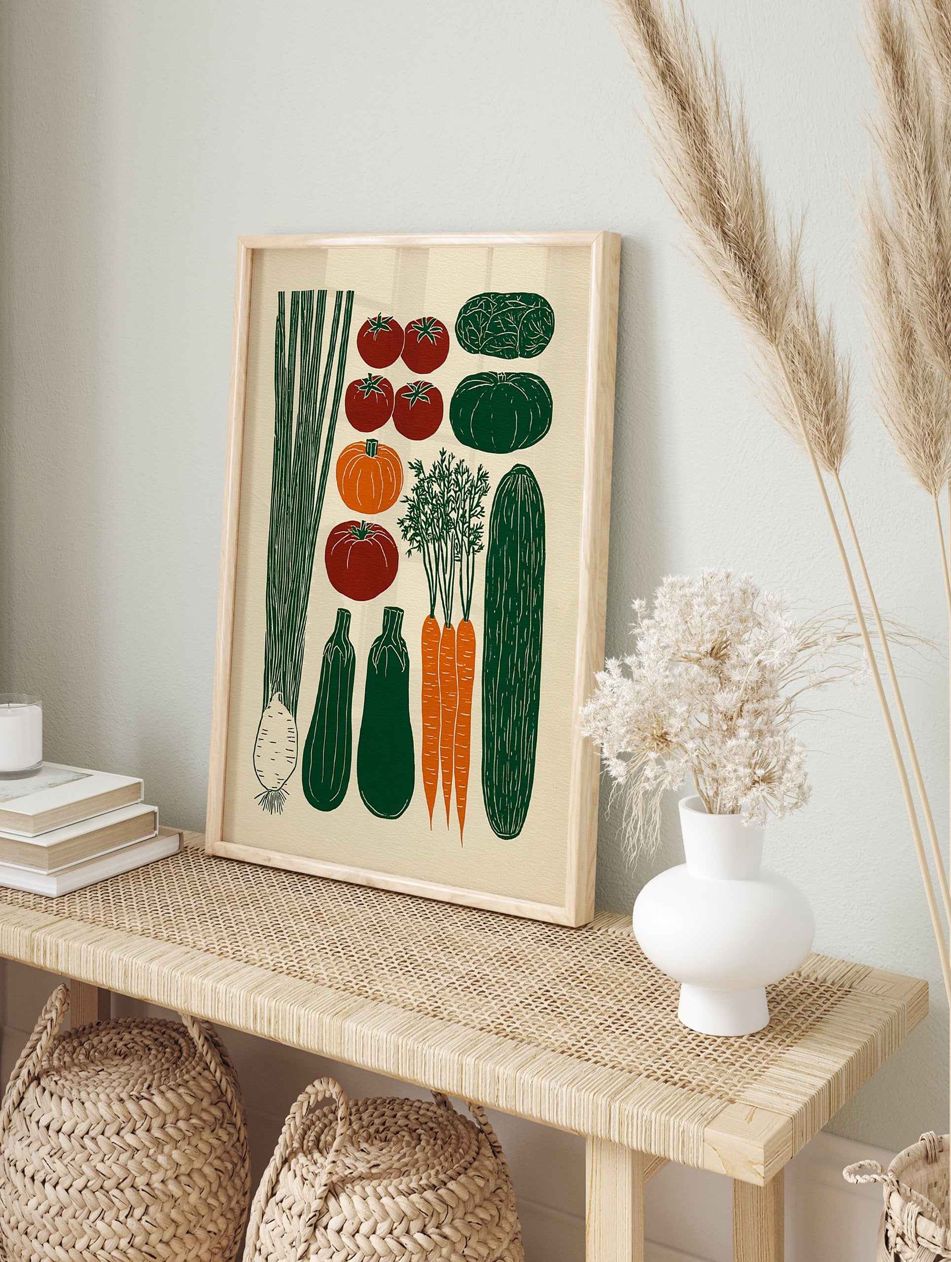 Illustrated vegetable poster featuring green leeks, tomatoes, pumpkins, squashes, carrots, cucumber, and cabbage. - Image 4