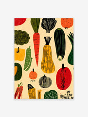Illustrated vegetable poster featuring a pattern of red carrots, green zucchini, yellow squash, and various produce on a cream background.