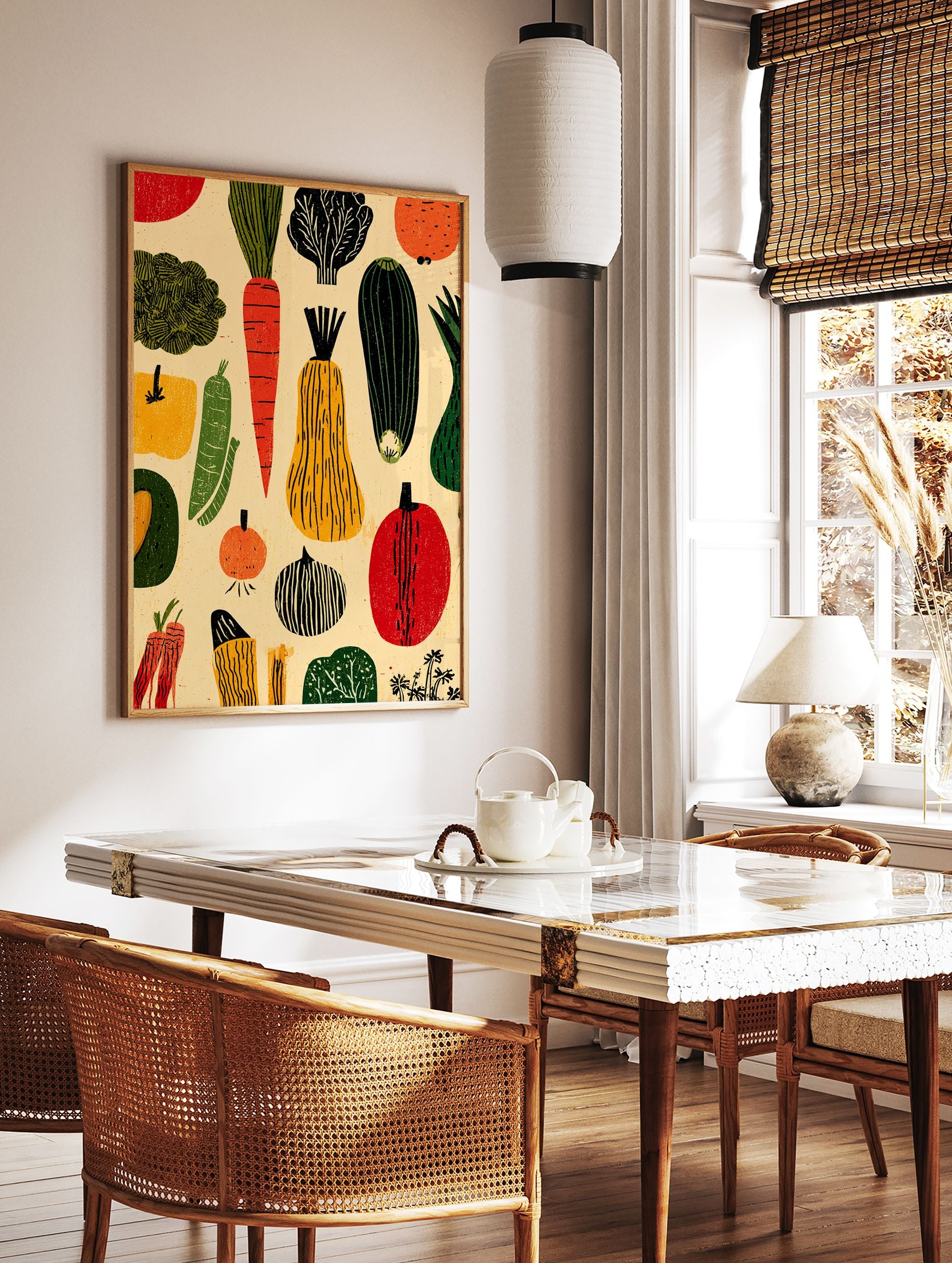 Illustrated vegetable poster featuring a pattern of red carrots, green zucchini, yellow squash, and various produce on a cream background. - Image 2