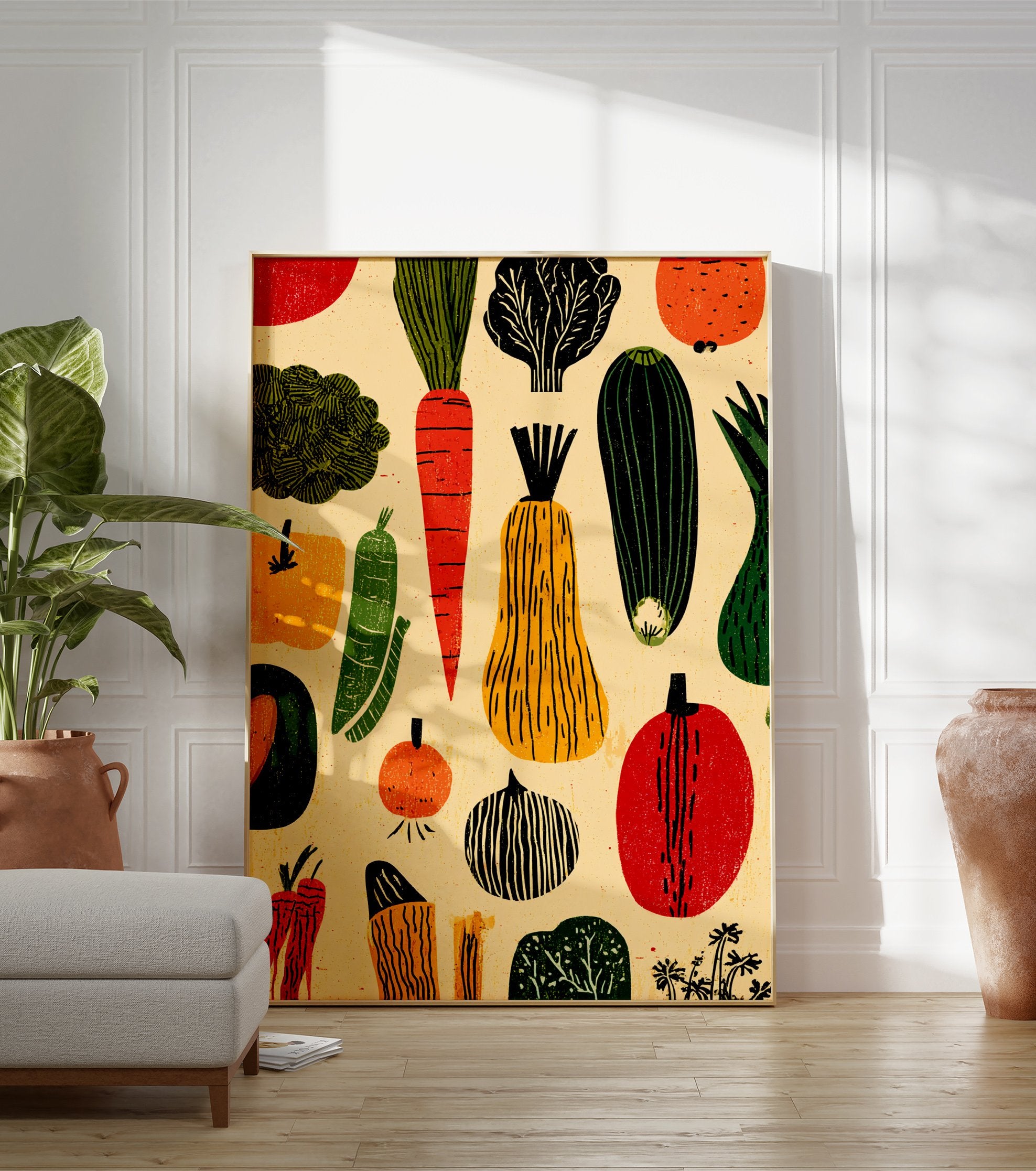 Illustrated vegetable poster featuring a pattern of red carrots, green zucchini, yellow squash, and various produce on a cream background. - Image 3