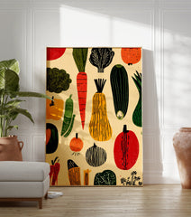 Illustrated vegetable poster featuring a pattern of red carrots, green zucchini, yellow squash, and various produce on a cream background. - Image 3