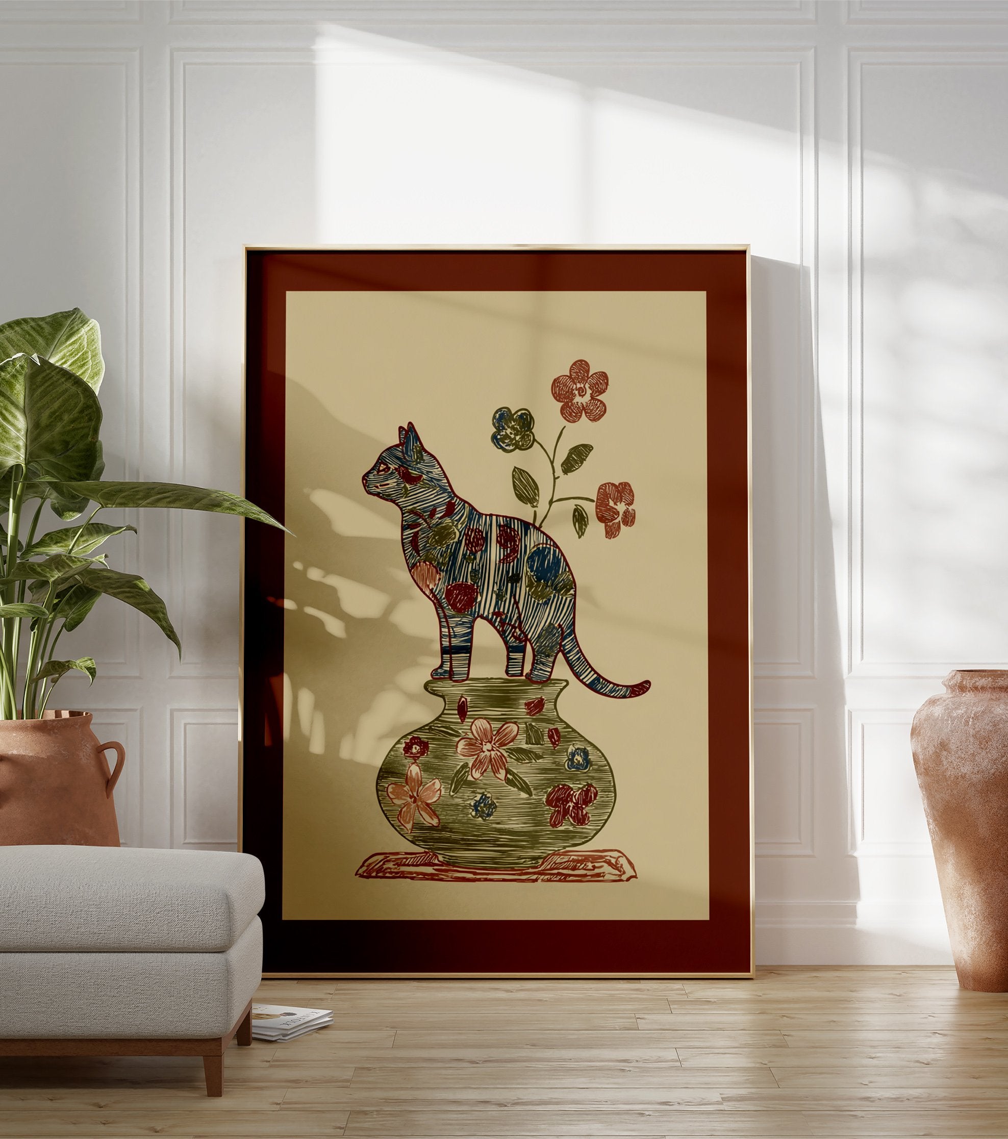 Folk art style illustration of a multi-color patterned cat standing on a green floral vase with flowers on a beige background. - Image 3