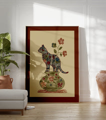 Folk art style illustration of a multi-color patterned cat standing on a green floral vase with flowers on a beige background. - Image 3