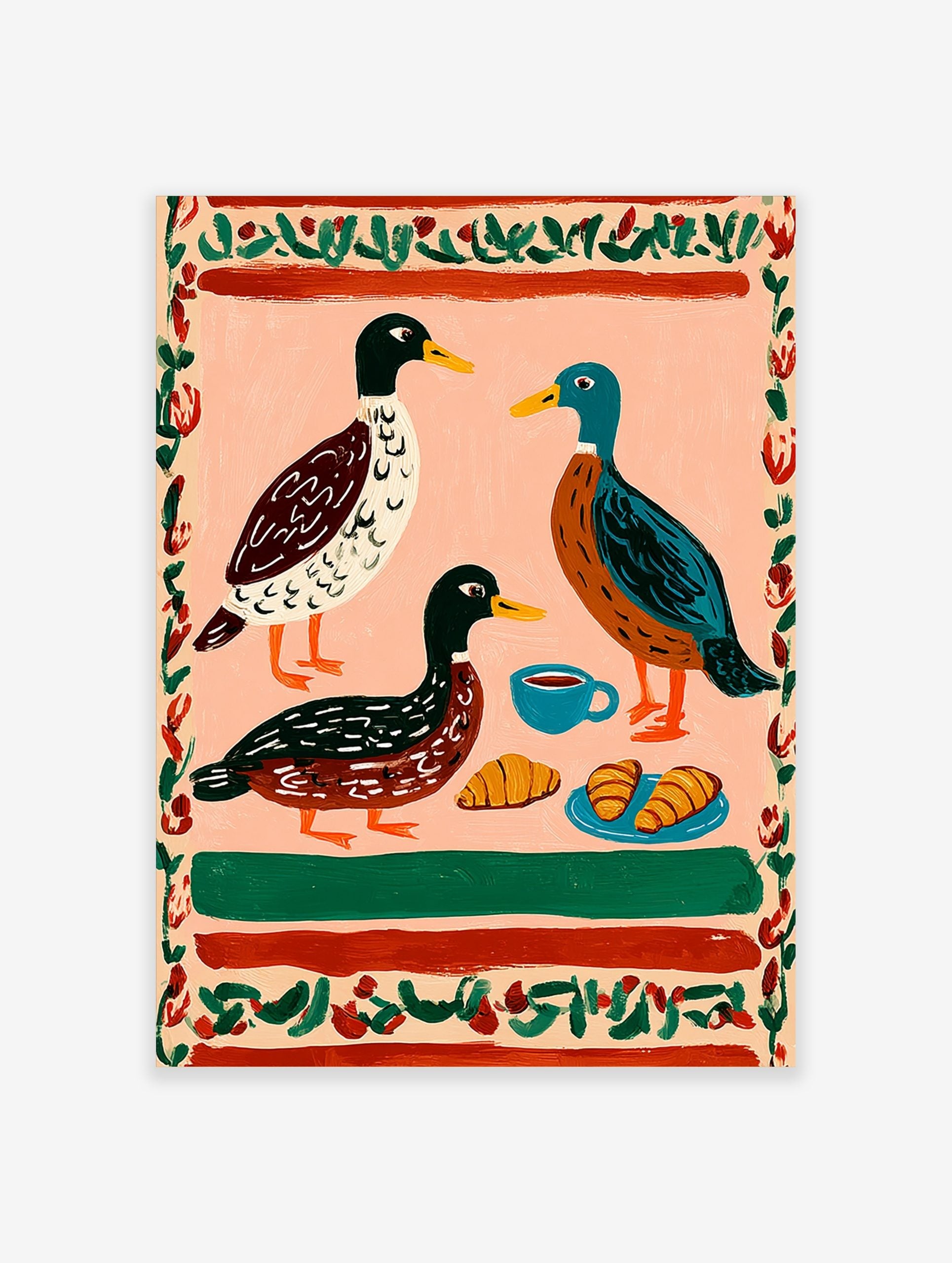 Illustrative print of three ducks, coffee cup, and croissants on a pink background with a red and green border