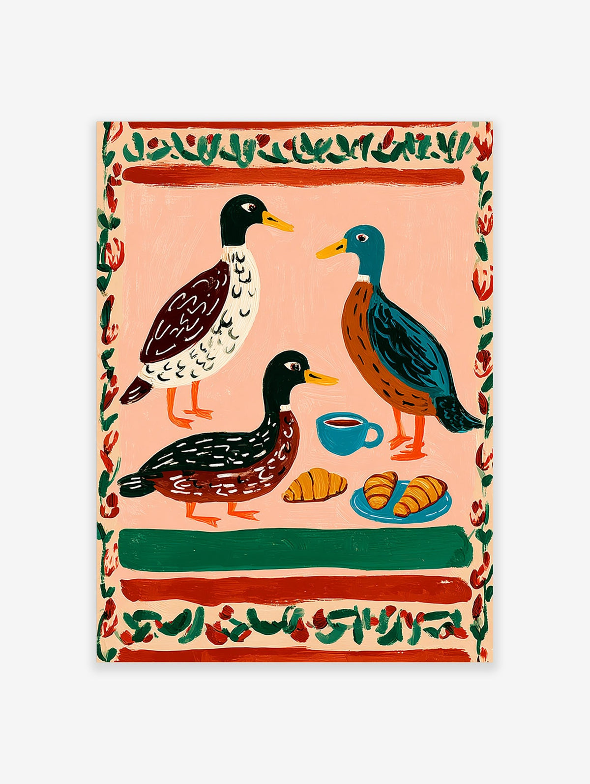 Illustrative print of three ducks, coffee cup, and croissants on a pink background with a red and green border