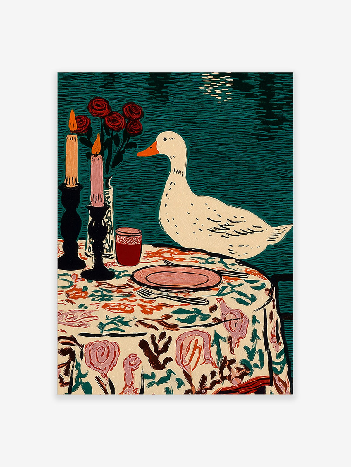 Illustrative print of a white duck observing a table setting with candles, red roses, and a floral tablecloth on teal water