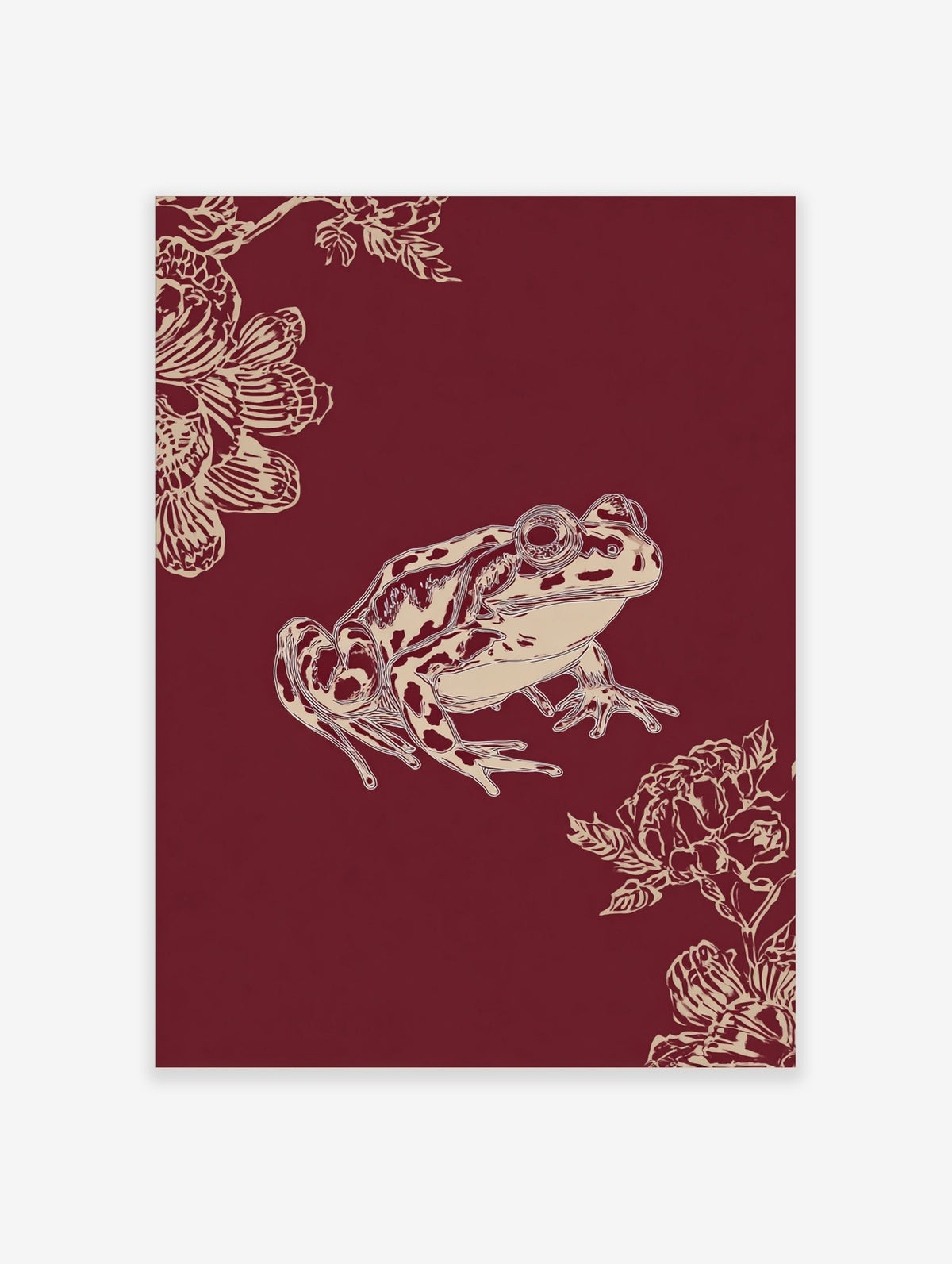 Illustrative frog print with beige amphibian and floral details on a deep red background, portrait orientation