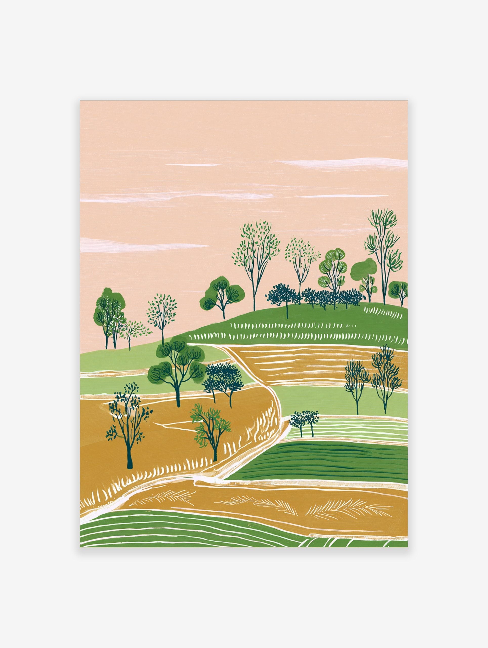 Illustrative landscape art print with green hills, gold fields, scattered trees, and a peach sky