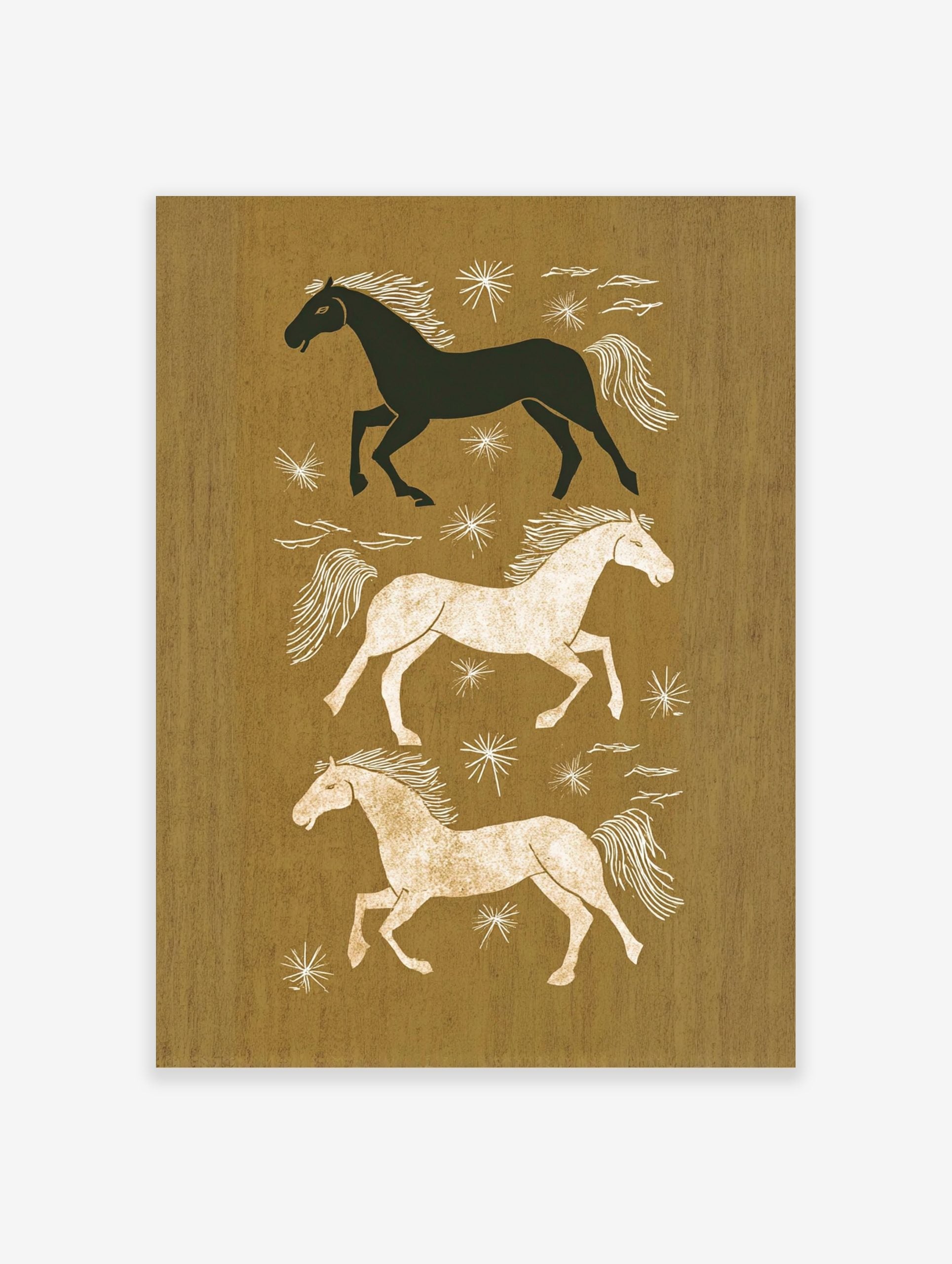 Three illustrative running horses in black, white, and tan on an earthy brown background with white stars