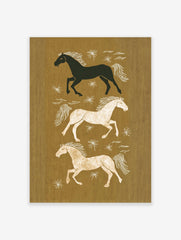 Three illustrative running horses in black, white, and tan on an earthy brown background with white stars