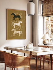 Three illustrative running horses in black, white, and tan on an earthy brown background with white, in a styled room mockup