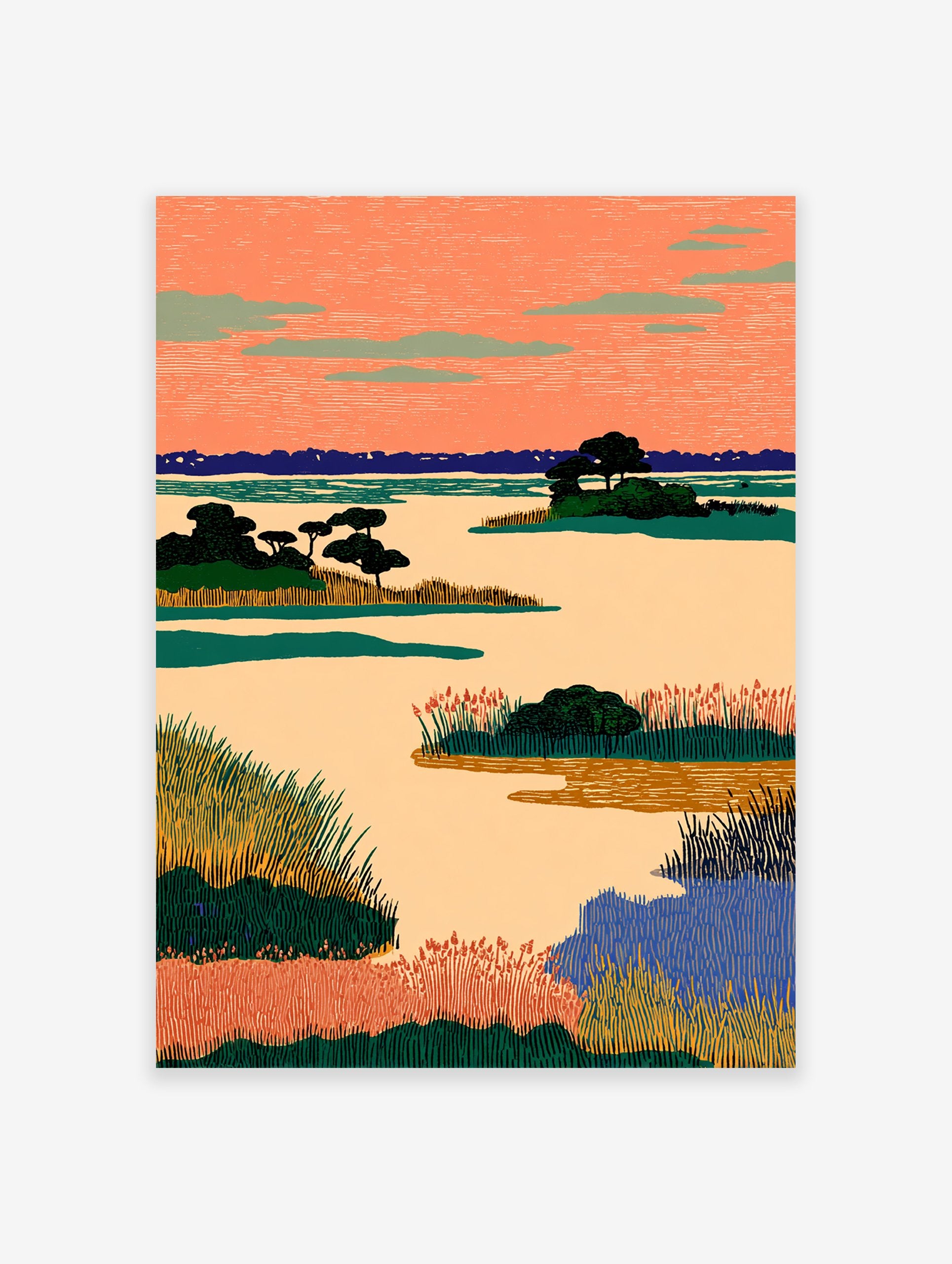 Illustrative landscape wall art depicting a marshland with an orange sky, green plants, and blue water in a stylized art print.