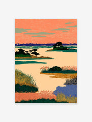 Illustrative landscape wall art depicting a marshland with an orange sky, green plants, and blue water in a stylized art print.