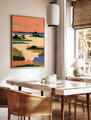 Illustrative landscape wall art depicting a marshland with an orange sky, green plants, and blue water in a stylized art print. - Image 2