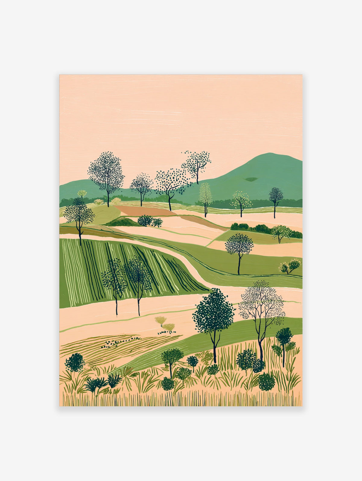 Illustrative landscape art print with rolling green hills, cultivated fields, and dotted trees under a peach sky