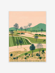 Illustrative landscape art print with rolling green hills, cultivated fields, and dotted trees under a peach sky