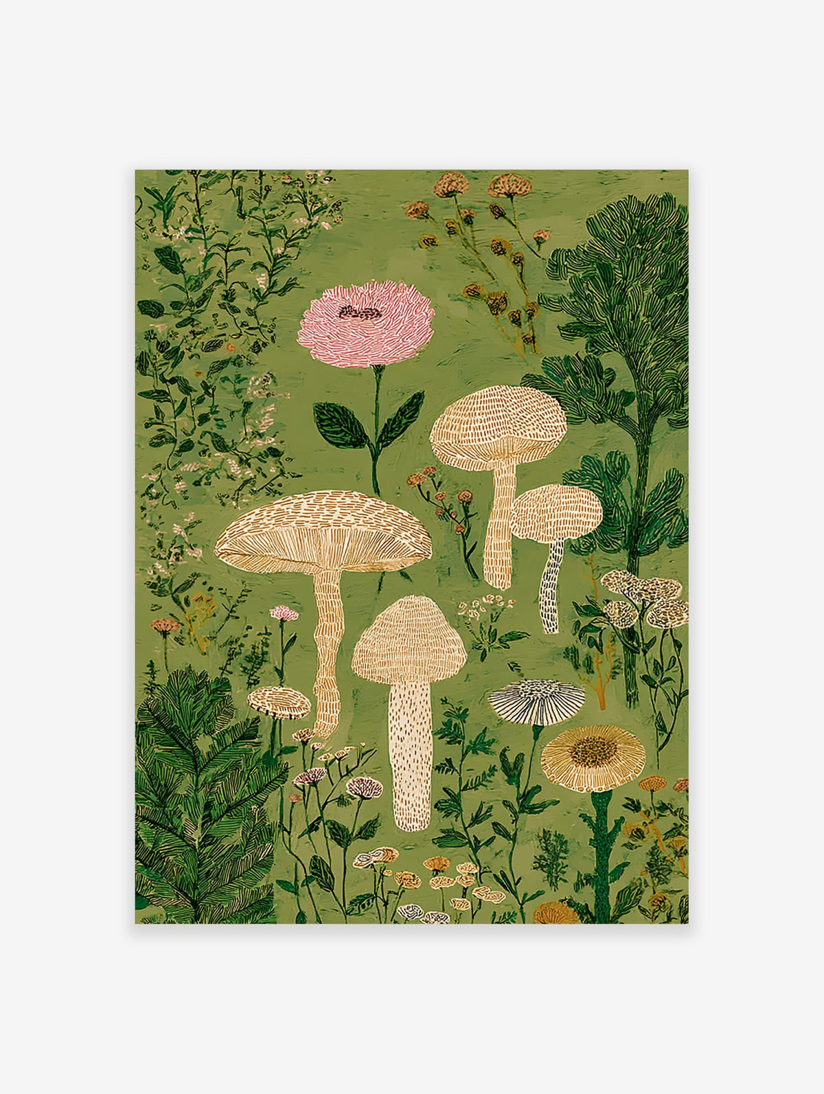 Illustrative mushroom and botanical wall art print with pink flower, beige mushrooms, and green foliage