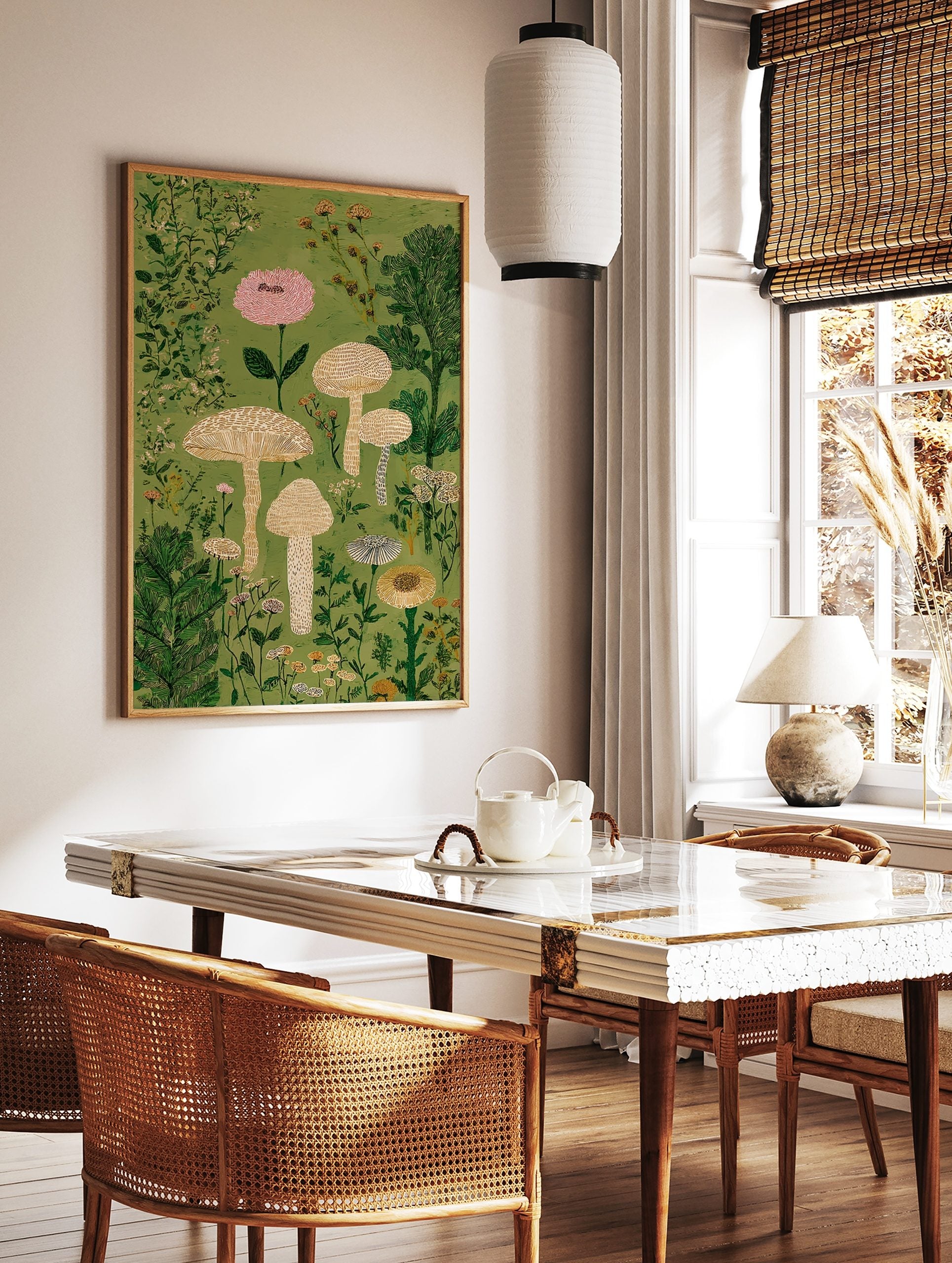Illustrative mushroom and botanical wall art print with pink flower, beige mushrooms, and green, in a styled room mockup