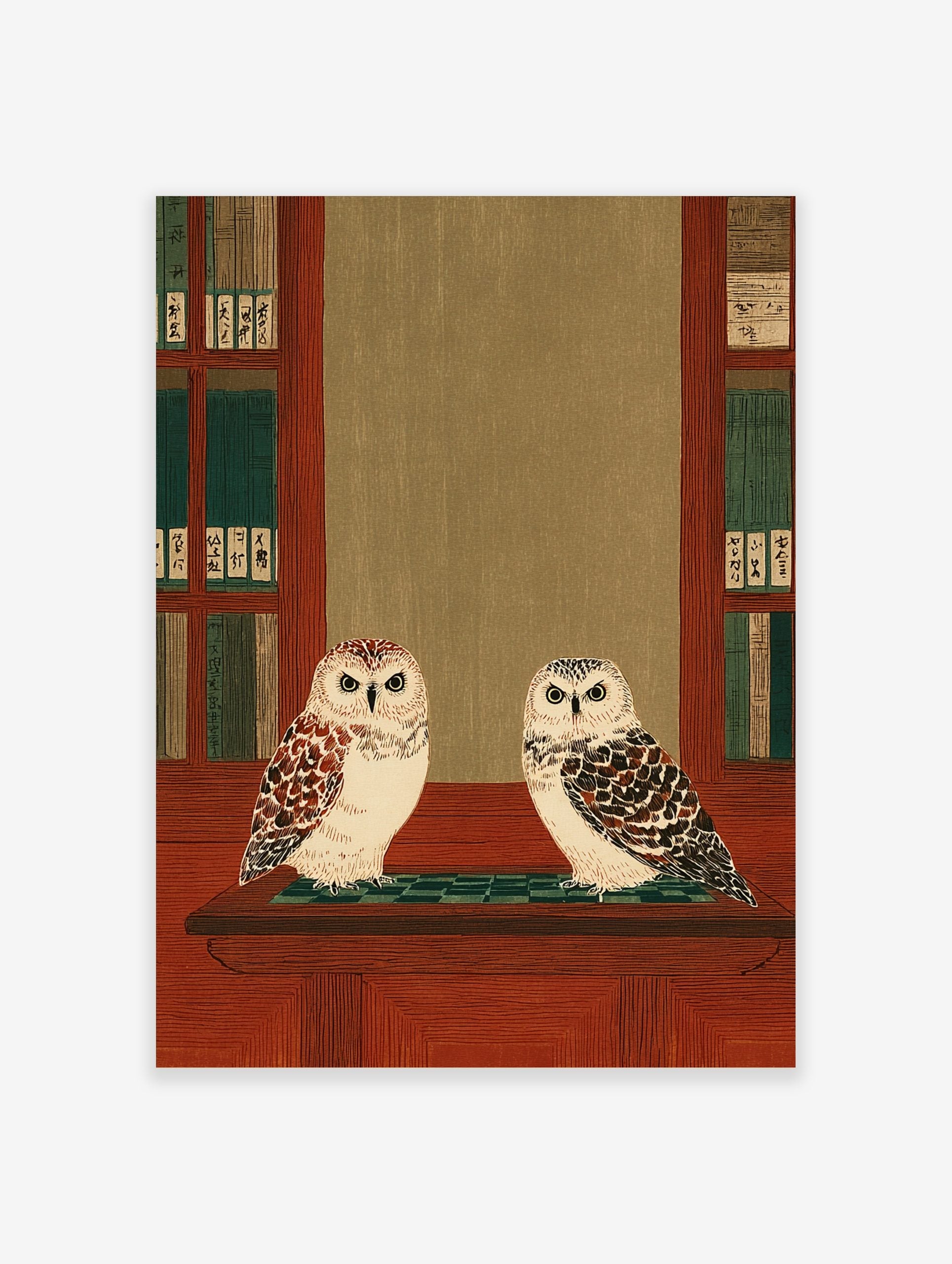 Two illustrative owls on a wooden shelf, flanked by bookshelves with green and Japanese character books