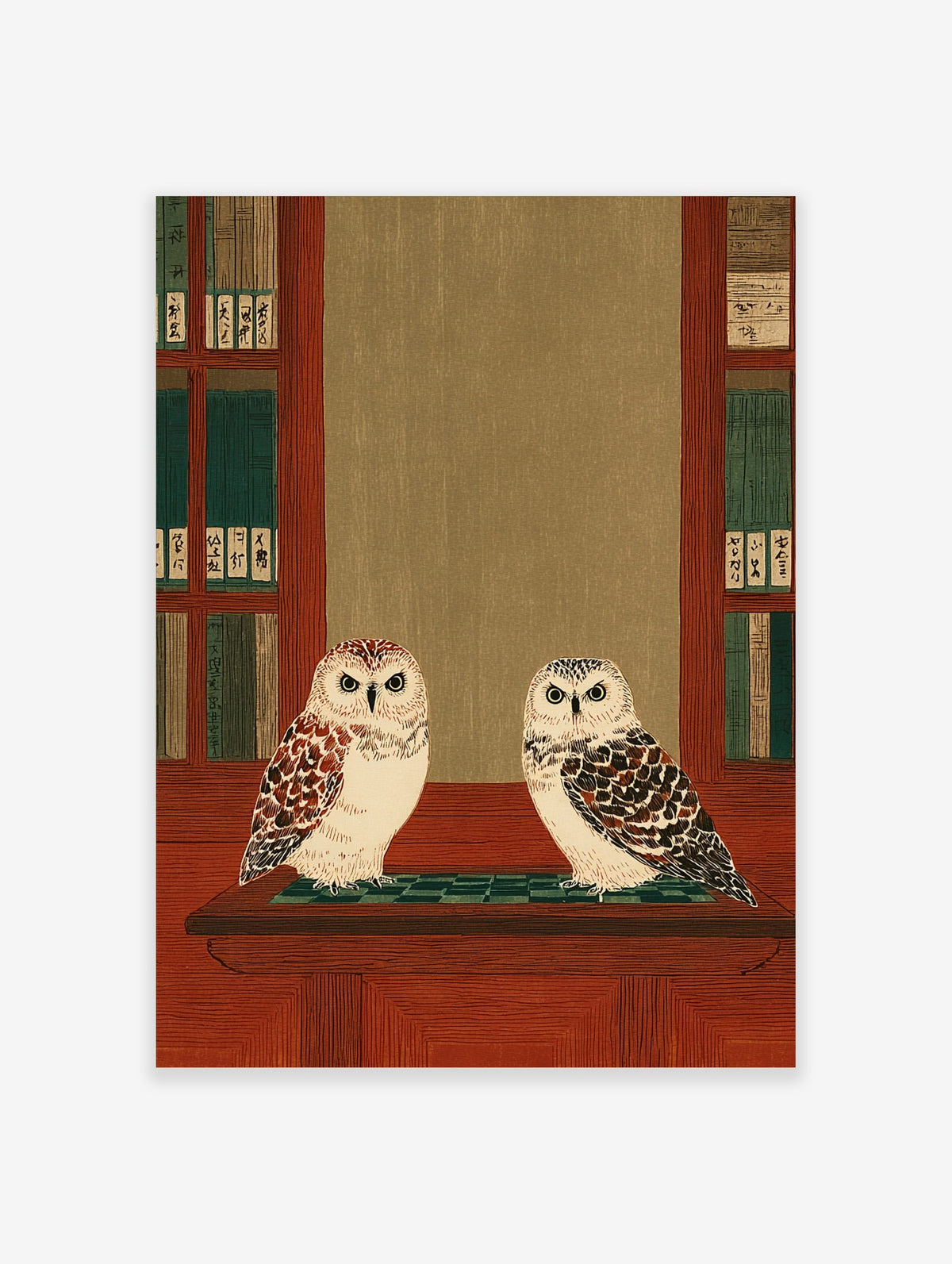 Two illustrative owls on a wooden shelf, flanked by bookshelves with green and Japanese character books