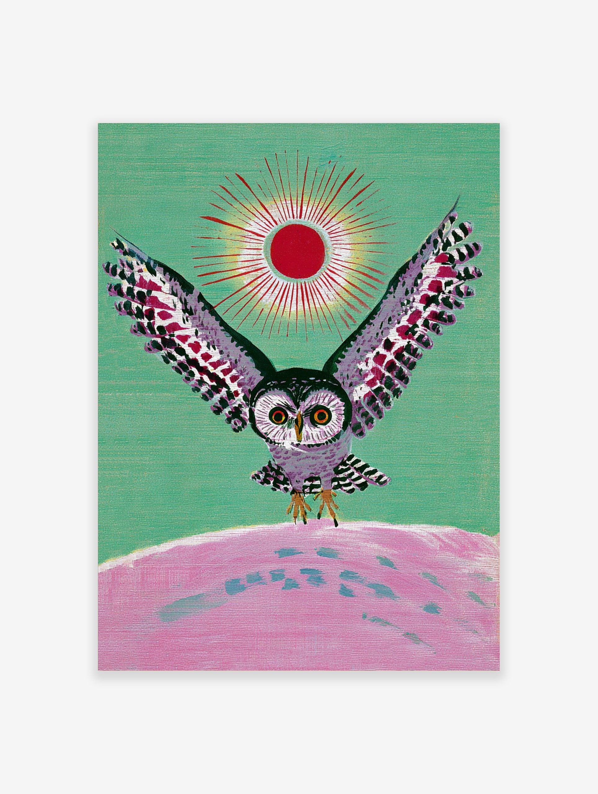 Illustrative owl with spread wings, red sun, and pink landscape on green background wall art