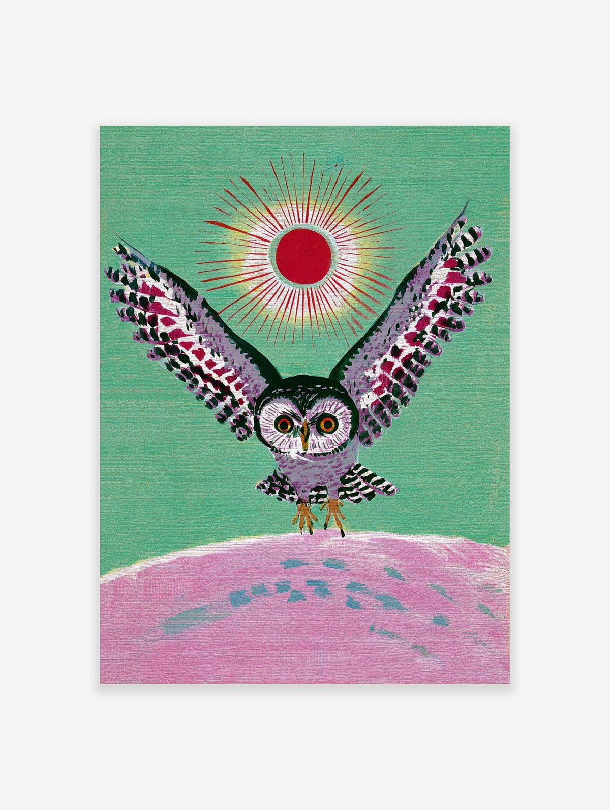 Illustrative owl with spread wings, red sun, and pink landscape on green background wall art