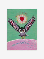 Illustrative owl with spread wings, red sun, and pink landscape on green background wall art