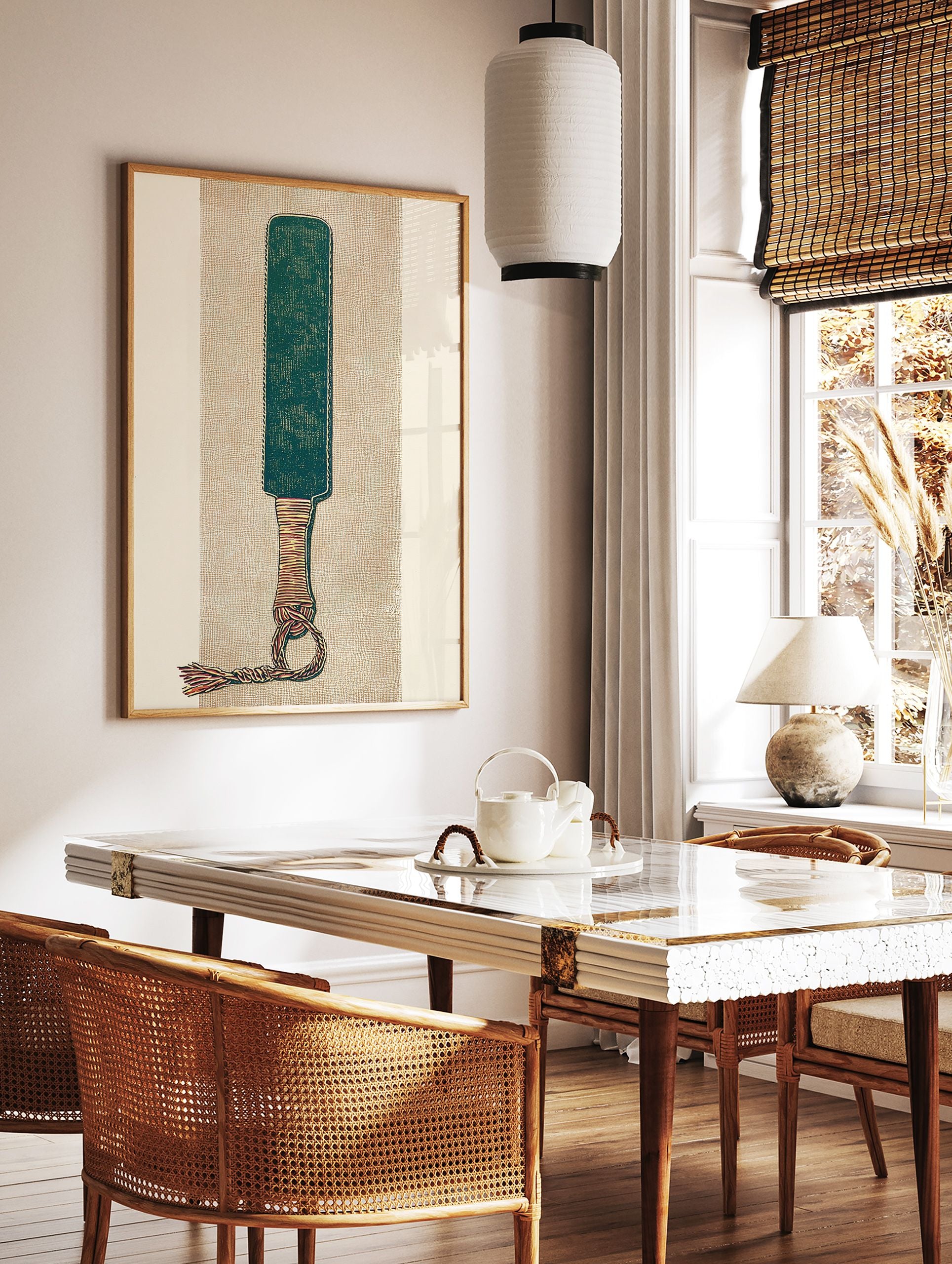 Illustrative paddle wall art print with a green blade, wrapped handle, and knotted tassel on a textured tan background. - Image 3
