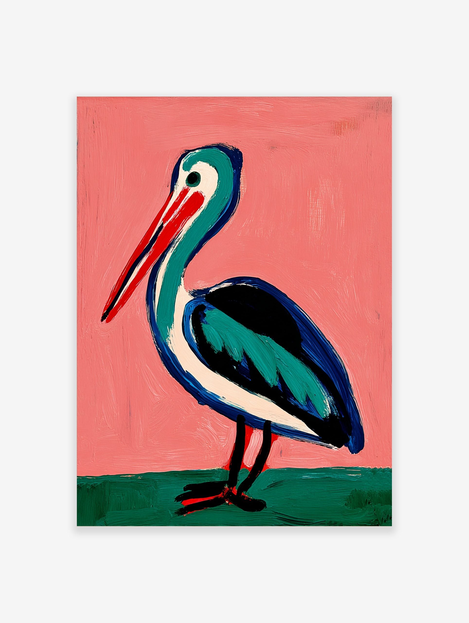 Illustrative painting of a pelican with a red beak, teal and blue body on a pink background