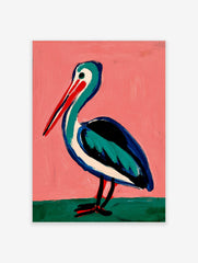 Illustrative painting of a pelican with a red beak, teal and blue body on a pink background