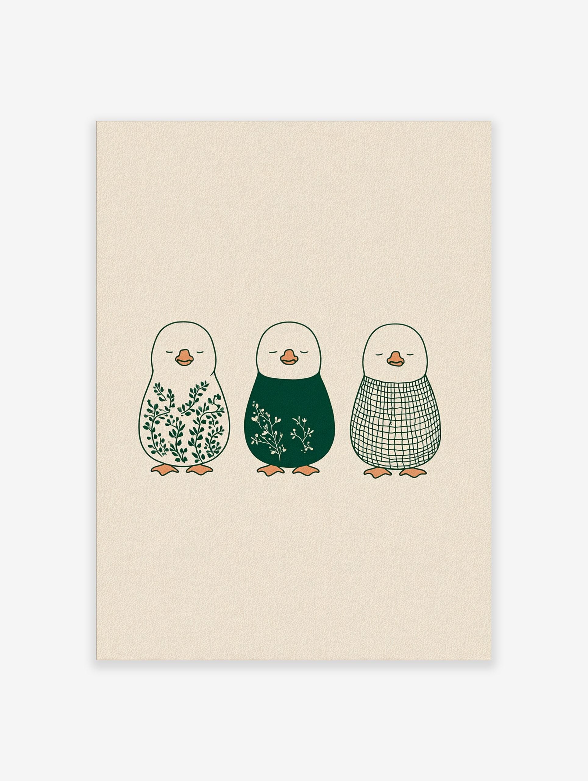Illustrative penguin wall art featuring botanical leaves, white florals, and a plaid pattern in green hues