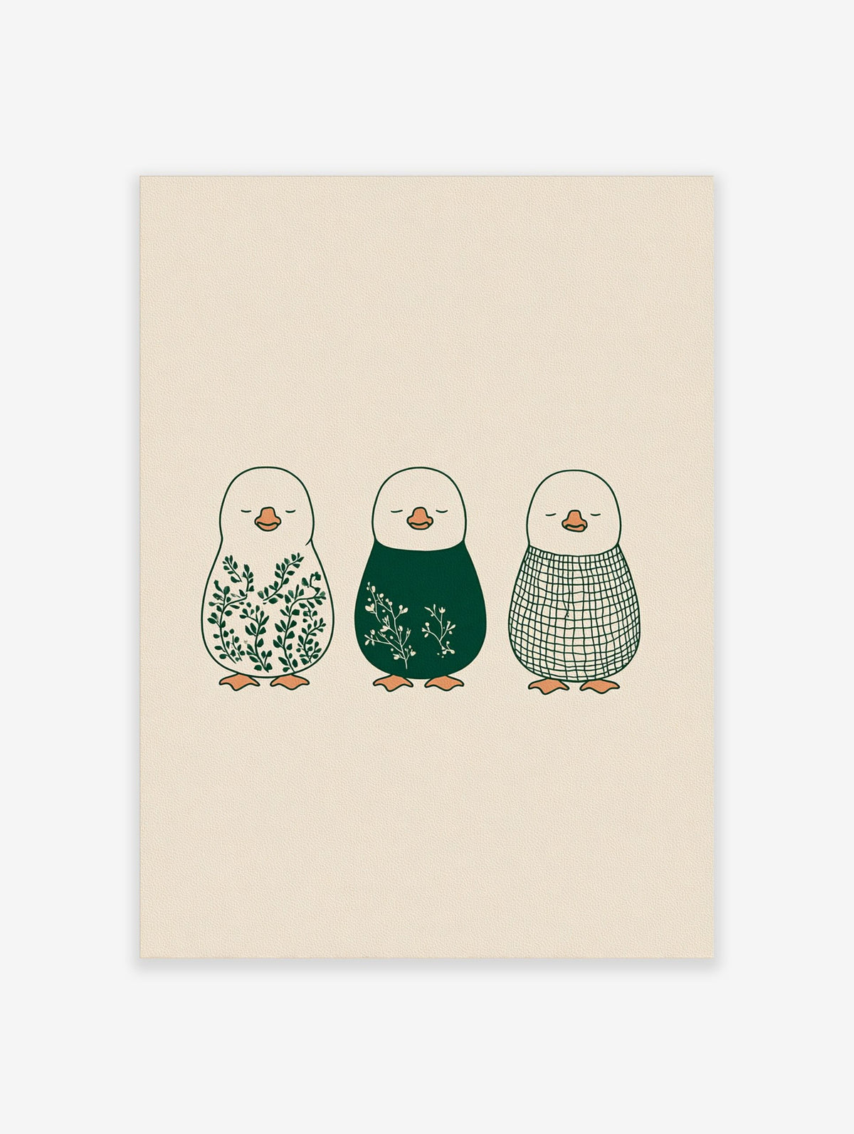 Illustrative penguin wall art featuring botanical leaves, white florals, and a plaid pattern in green hues