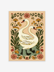 Illustrative white swans with long necks and black webbed feet, surrounded by orange and pink botanical flowers and green