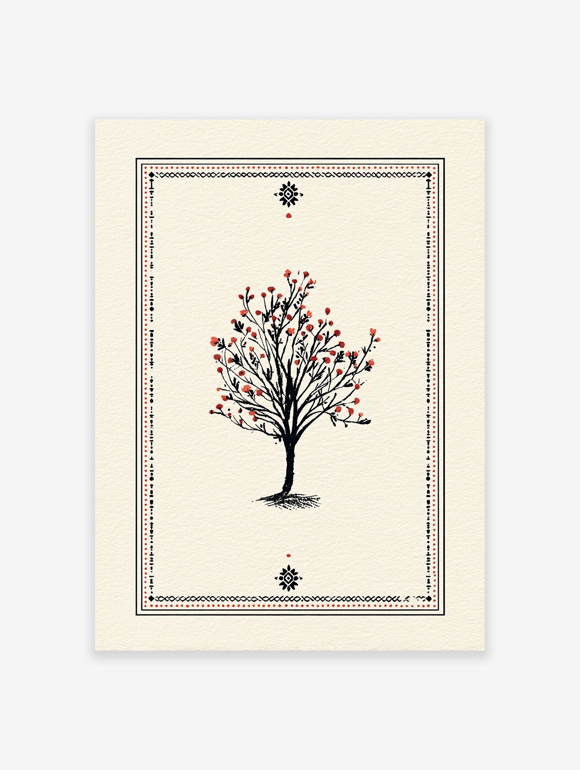 Illustrative tree poster with black branches and red berries, surrounded by a black and red decorative border on a cream background.