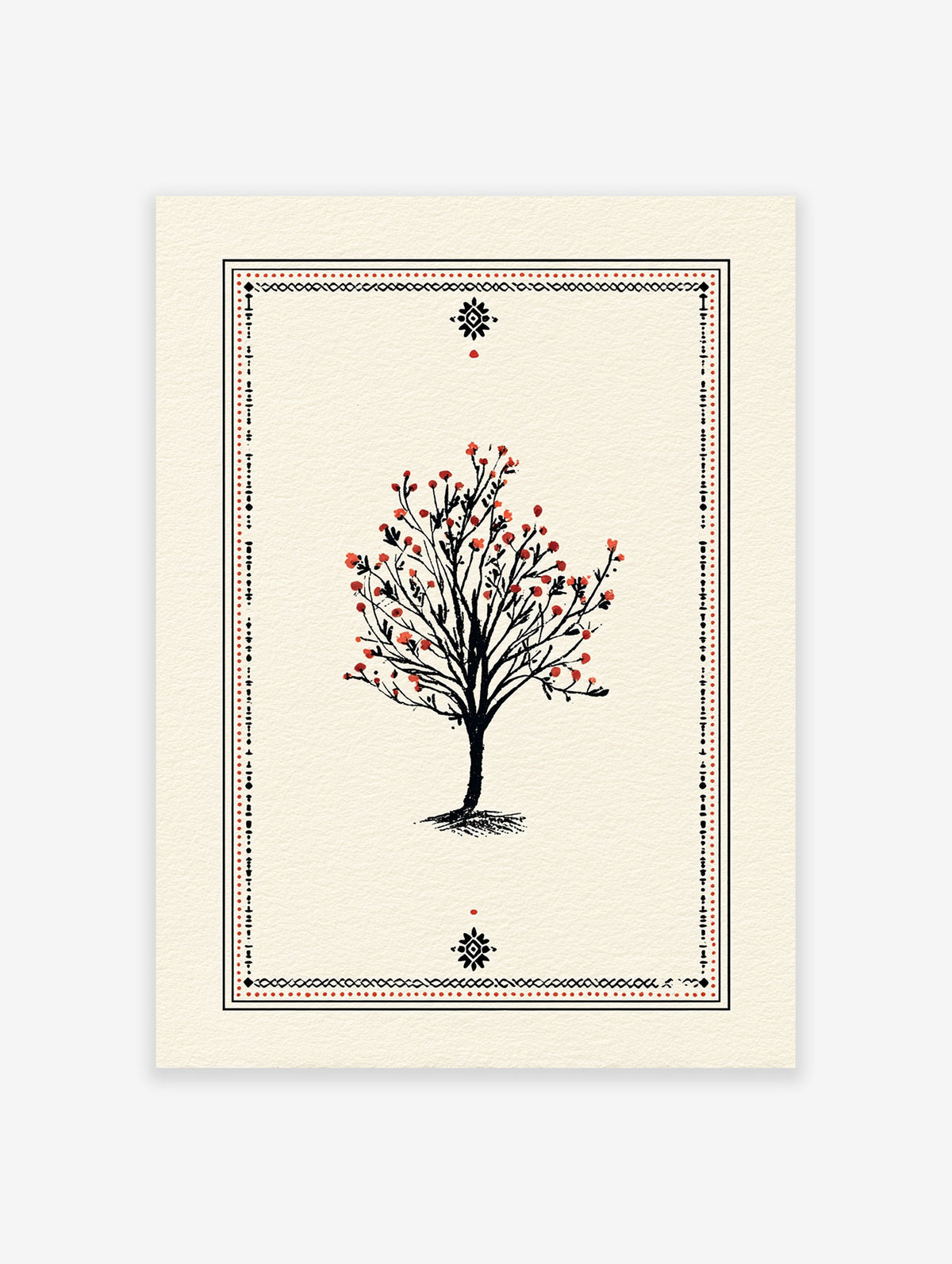 Illustrative tree poster with black branches and red berries, surrounded by a black and red decorative border on a cream background.