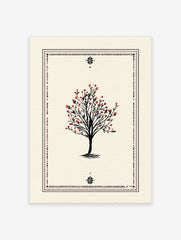 Illustrative tree poster with black branches and red berries, surrounded by a black and red decorative border on a cream background.