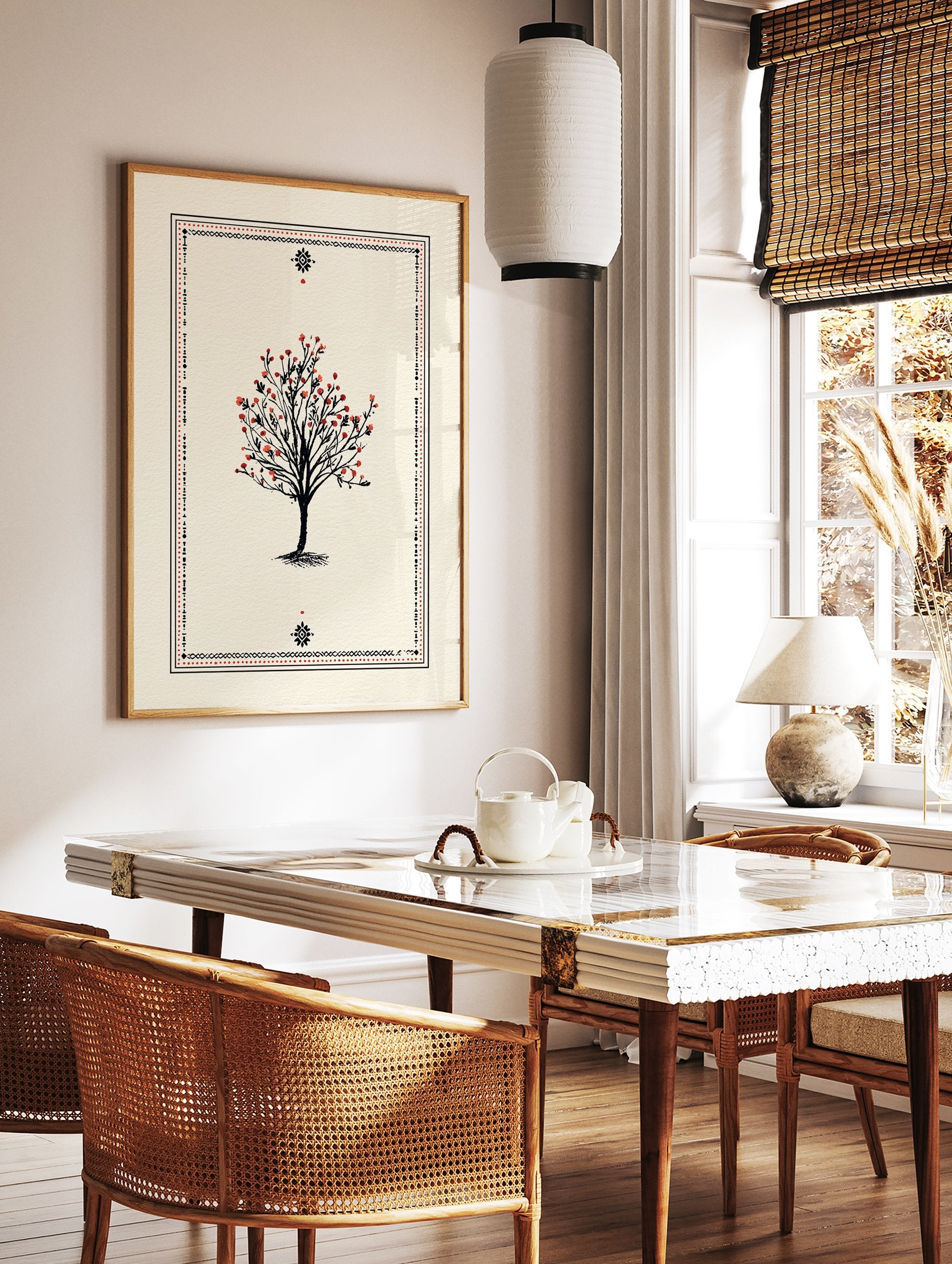 Illustrative tree poster with black branches and red berries, surrounded by a black and red decorative border on a cream background. - Image 2
