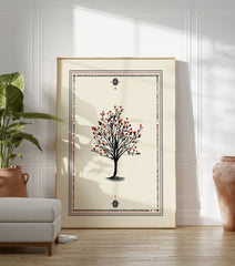 Illustrative tree poster with black branches and red berries, surrounded by a black and red decorative border on a cream background. - Image 3