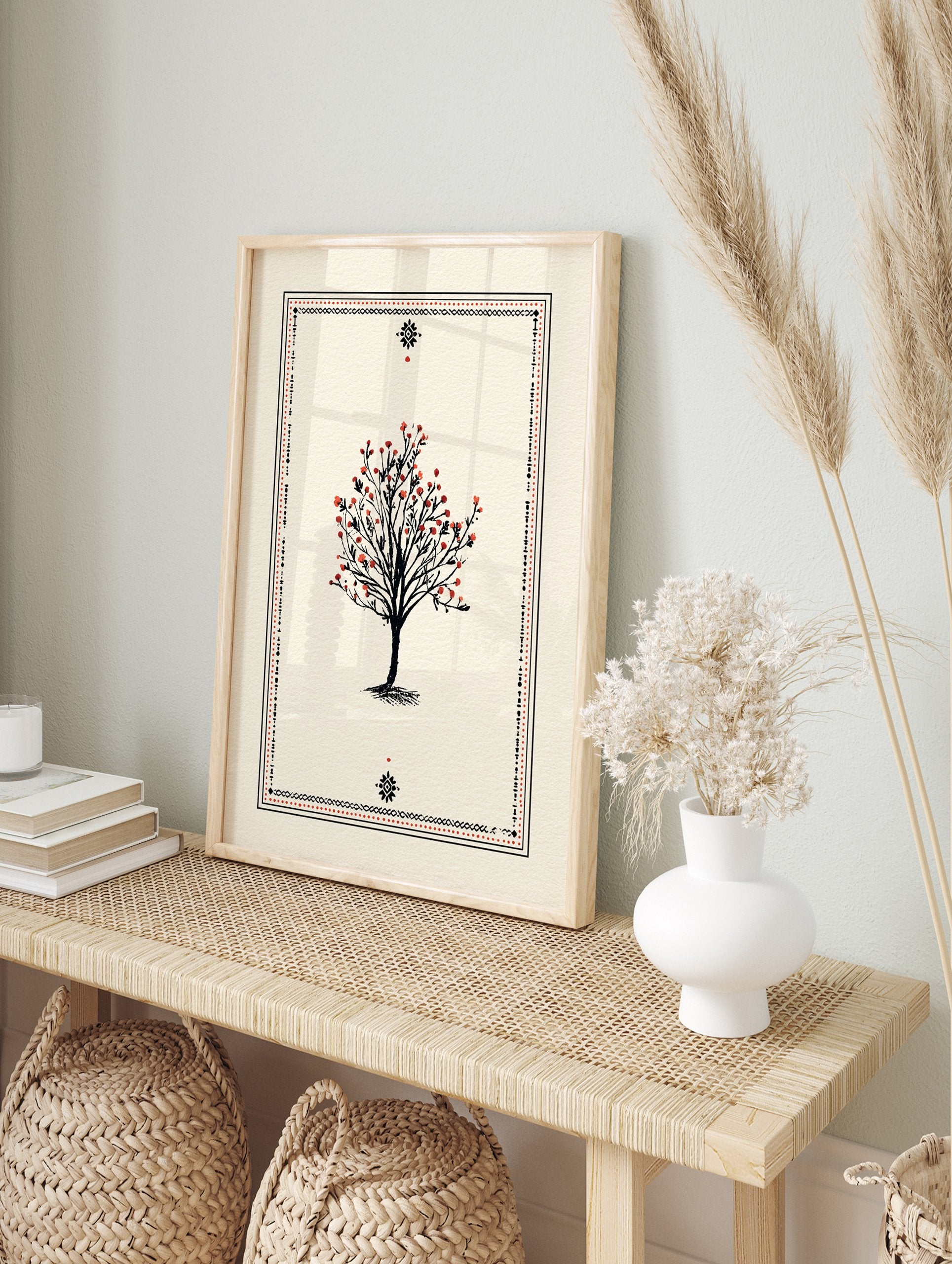 Illustrative tree poster with black branches and red berries, surrounded by a black and red decorative border on a cream background. - Image 4