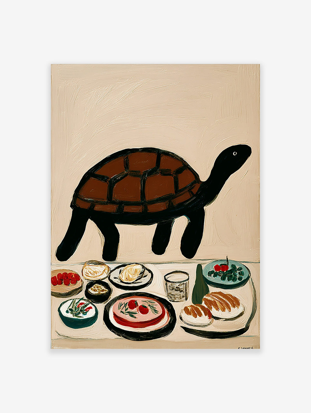 Illustrative brown and black turtle above a table with various food dishes and a glass on a beige background