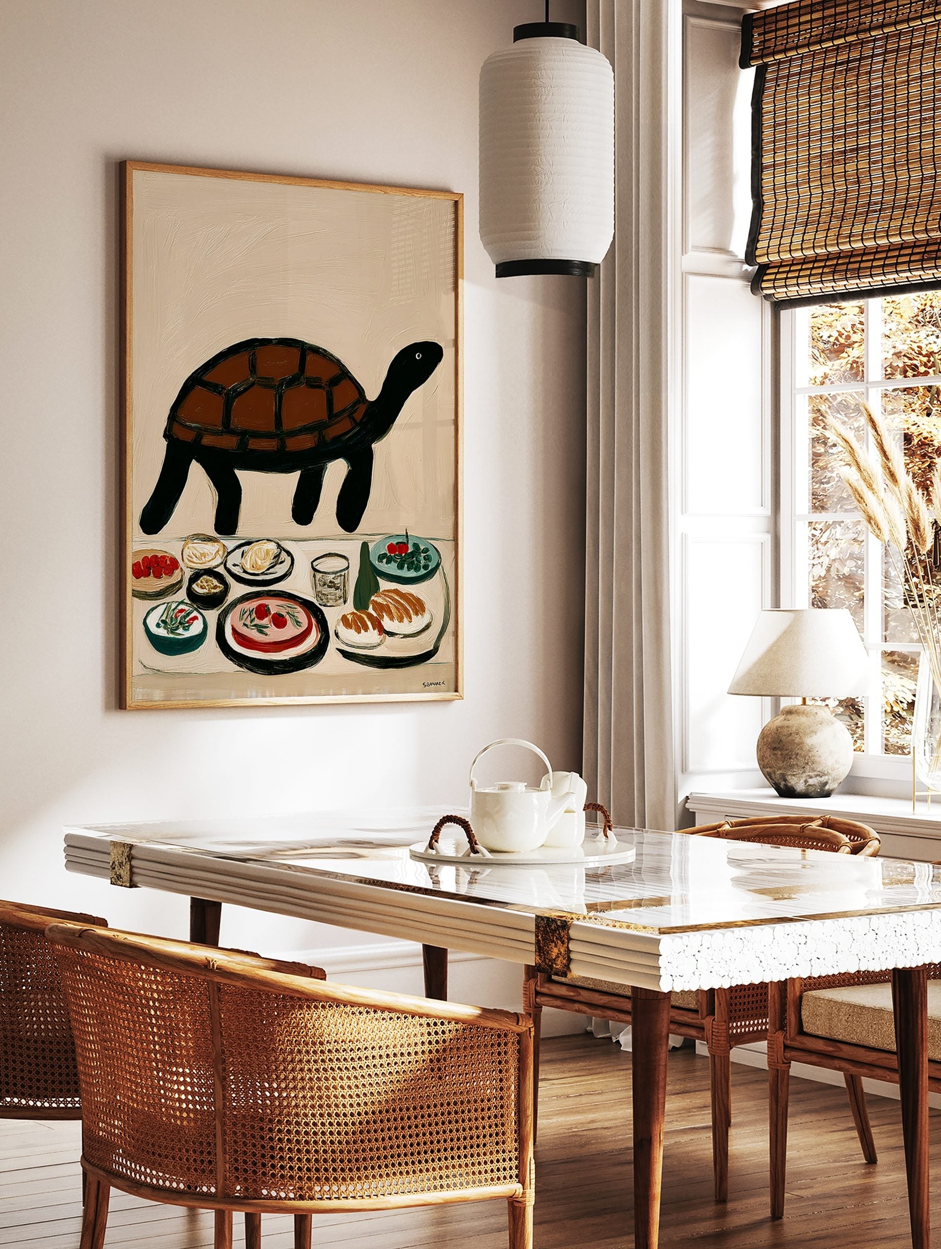 Illustrative brown and black turtle above a table with various food dishes and a glass on a beige, in a styled room mockup