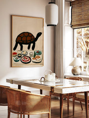 Illustrative brown and black turtle above a table with various food dishes and a glass on a beige, in a styled room mockup