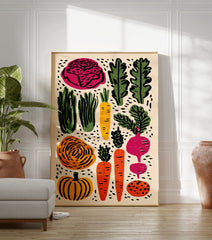 Illustrative vegetable poster featuring a vibrant collection of carrots, cabbage, beets, and pumpkin in a modern art style. - Image 3
