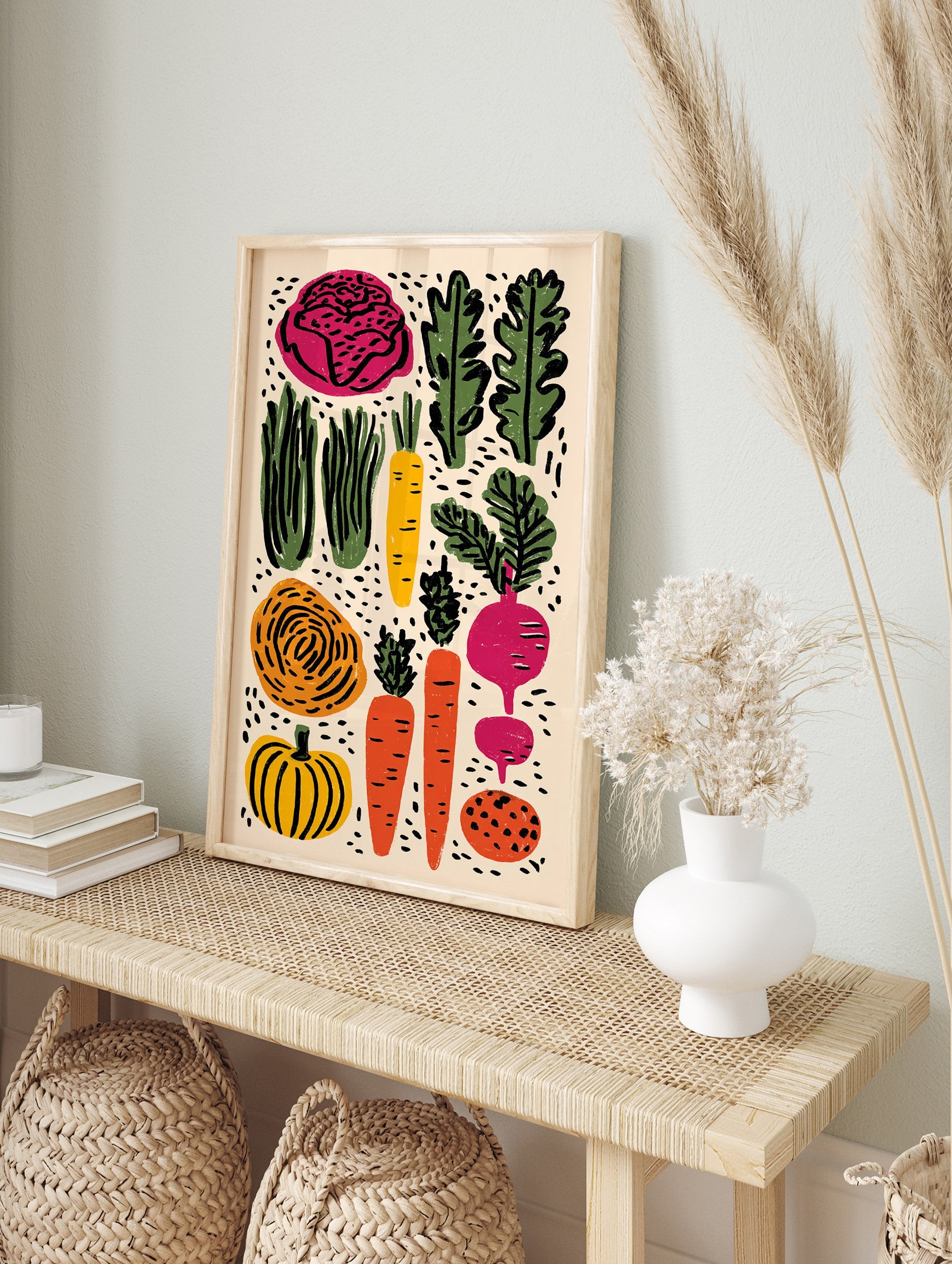 Illustrative vegetable poster featuring a vibrant collection of carrots, cabbage, beets, and pumpkin in a modern art style. - Image 4
