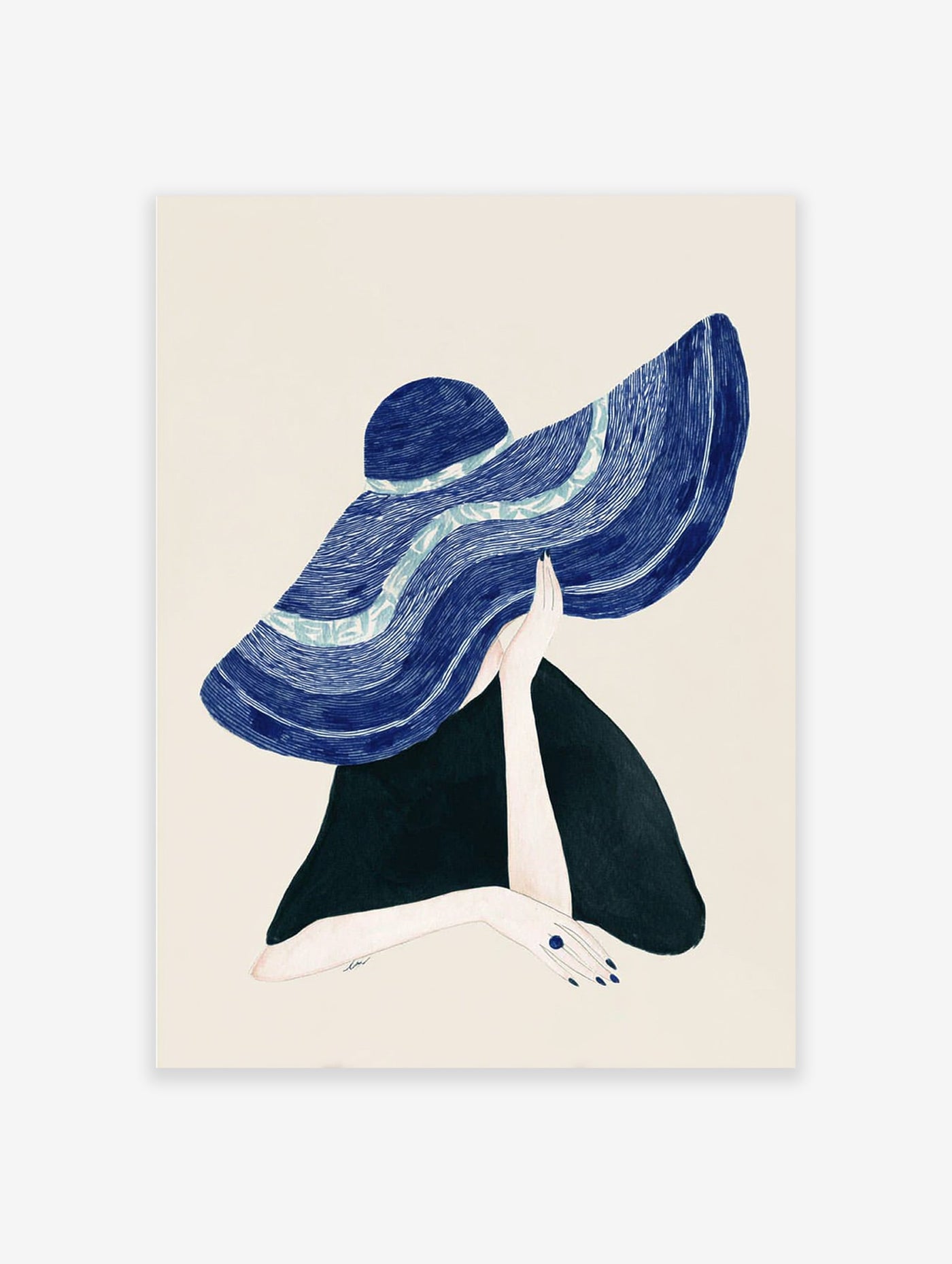 Illustrative wall art of a figure in a large, textured blue hat, with one hand holding the brim against a cream background.